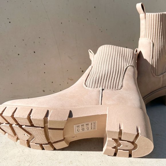 NEW Taupe Beige Chunky Lug Sole Platform Elastic Sock Ankle Chelsea Bootie Boots - Picture 6 of 13